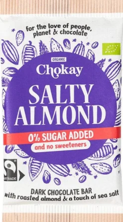 Chokay Salty Almond Chocolate Bar - Tumma Suklaa Suolainen Manteli Sokeriton 70 g