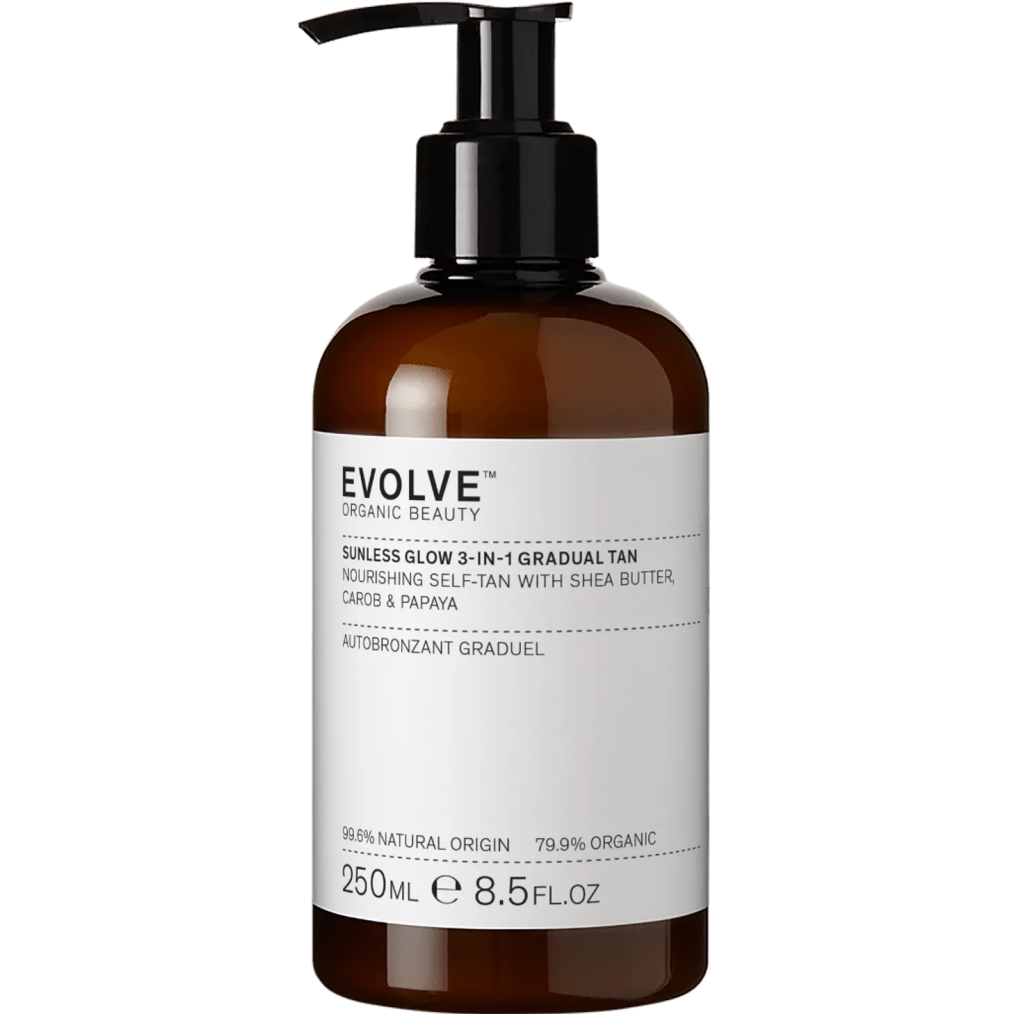 Evolve Organic Beauty Sunless Glow 3-In-1 Gradual Tan - Itseruskettava vartalovoide 250 ml