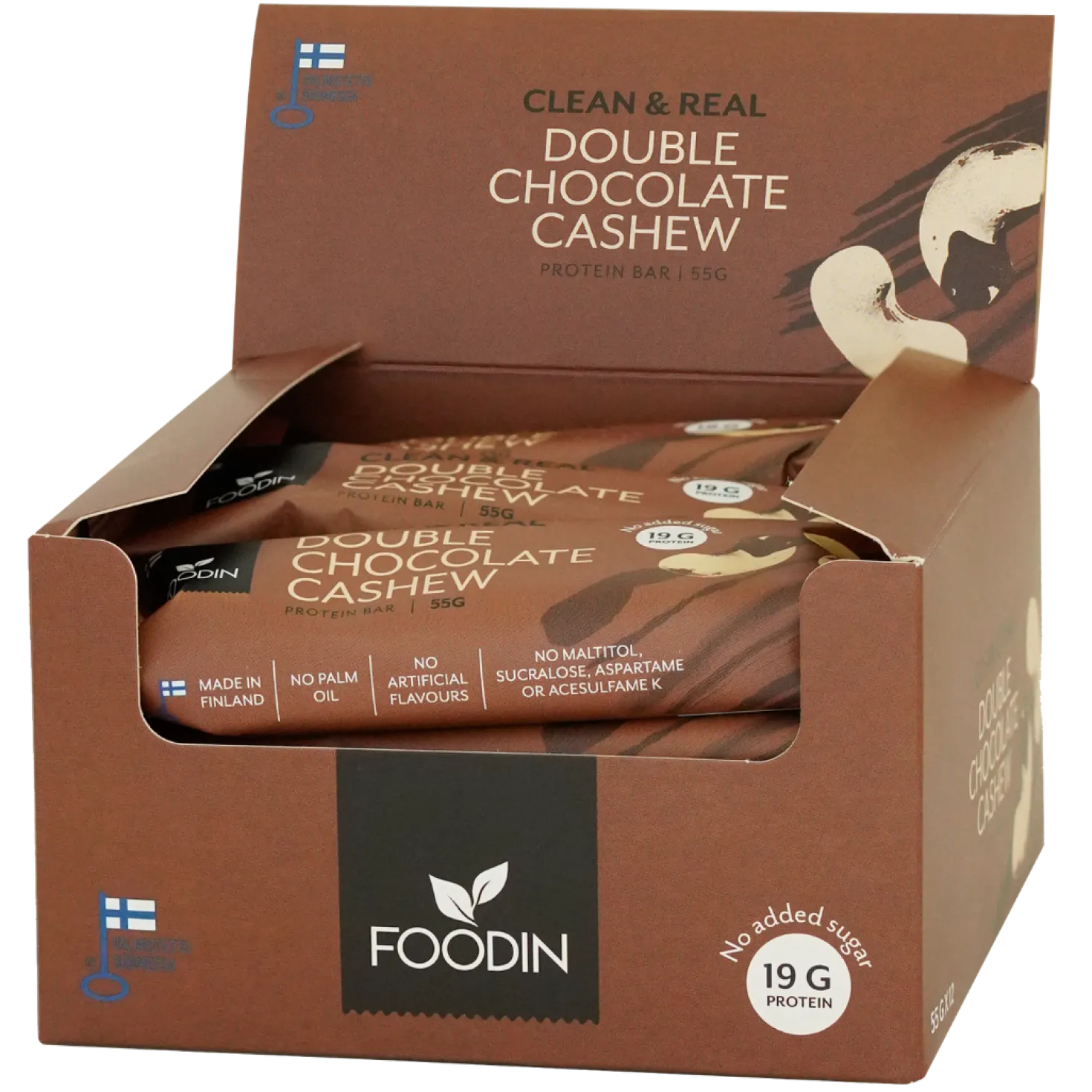 Foodin Clean & Real Double Chocolate Cashew - Proteiinipatukka TUKKUPAKKAUS 12 x 55 g - Päiväys 03/2027