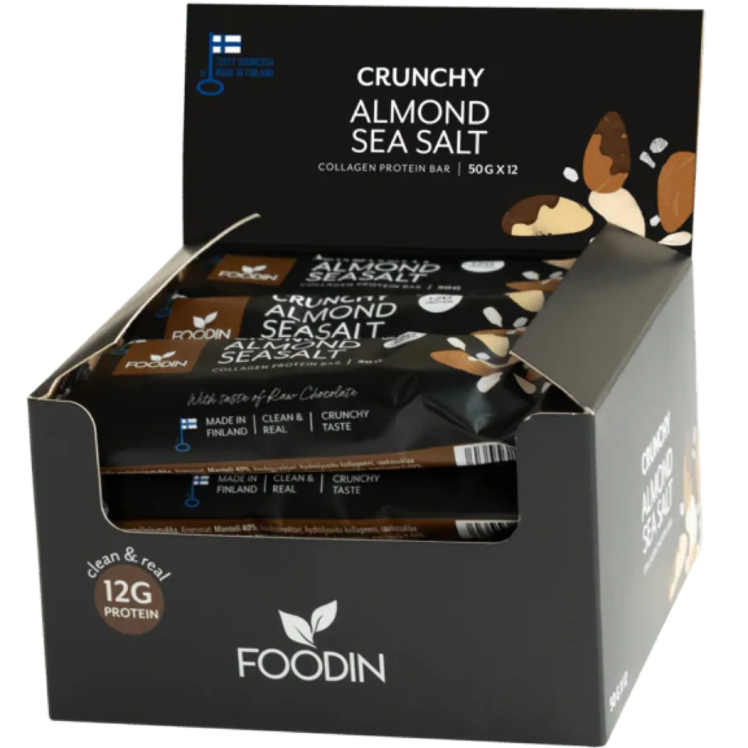 Foodin Crunchy Collagen Protein Bar Almond Seasalt - Kollageeni patukka - TUKKUPAKKAUS 50 g x 12 kpl
