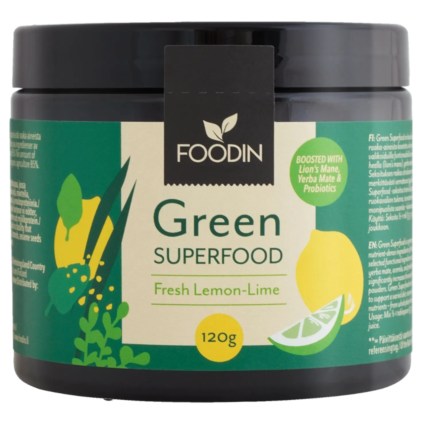 Foodin Green Superfood Fresh Lemon-Lime - Viherjauhesekoitus 120 g - Päiväys 03/2027