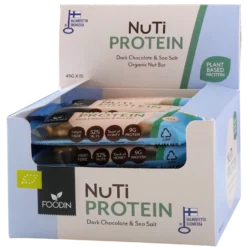 Foodin NUTI Protein Dark Chocolate & Sea Salt - Proteiinipähkinäpatukka 45 g x 15 kpl TUKKUPAKKAUS