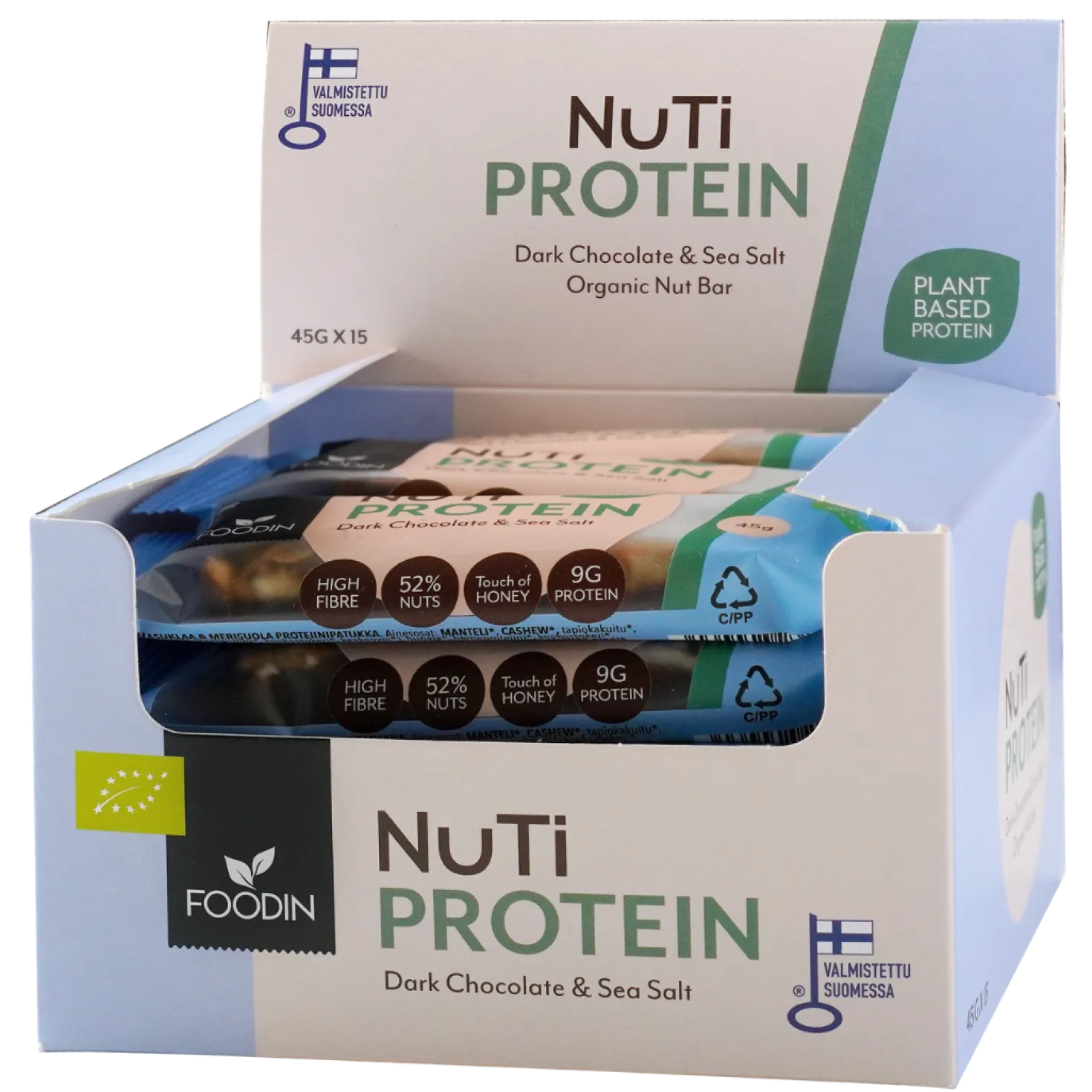 Foodin NUTI Protein Dark Chocolate & Sea Salt - Proteiinipähkinäpatukka 45 g x 15 kpl TUKKUPAKKAUS