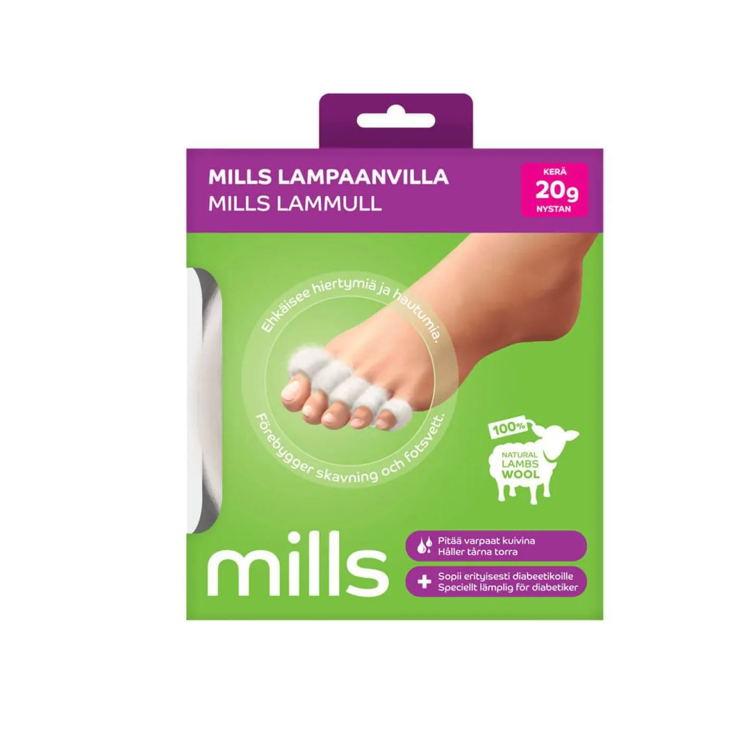 Mills Lampaanvilla 20 g - Hautumien Ennaltaehkäisyyn ja Hoitoon Varvasväleissä