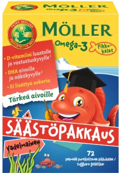 Möller Omega-3 Pikkukalat Vadelmainen - Säästöpakkaus 72 pureskeltavaa pikkukalaa
