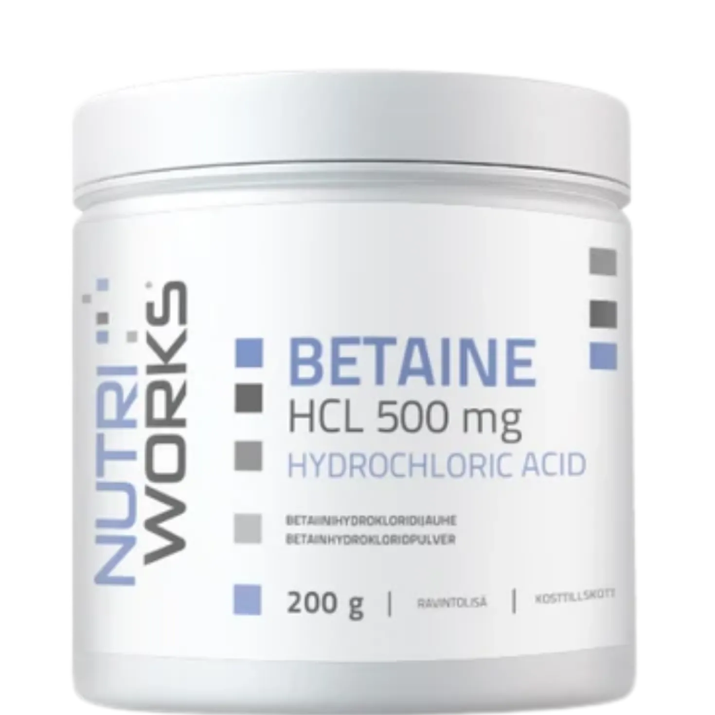 Nutri Works Betaine HCL 500 mg - Betaiinihydrokloridijauhe 200 g - HUOM Päiväys 12/2026