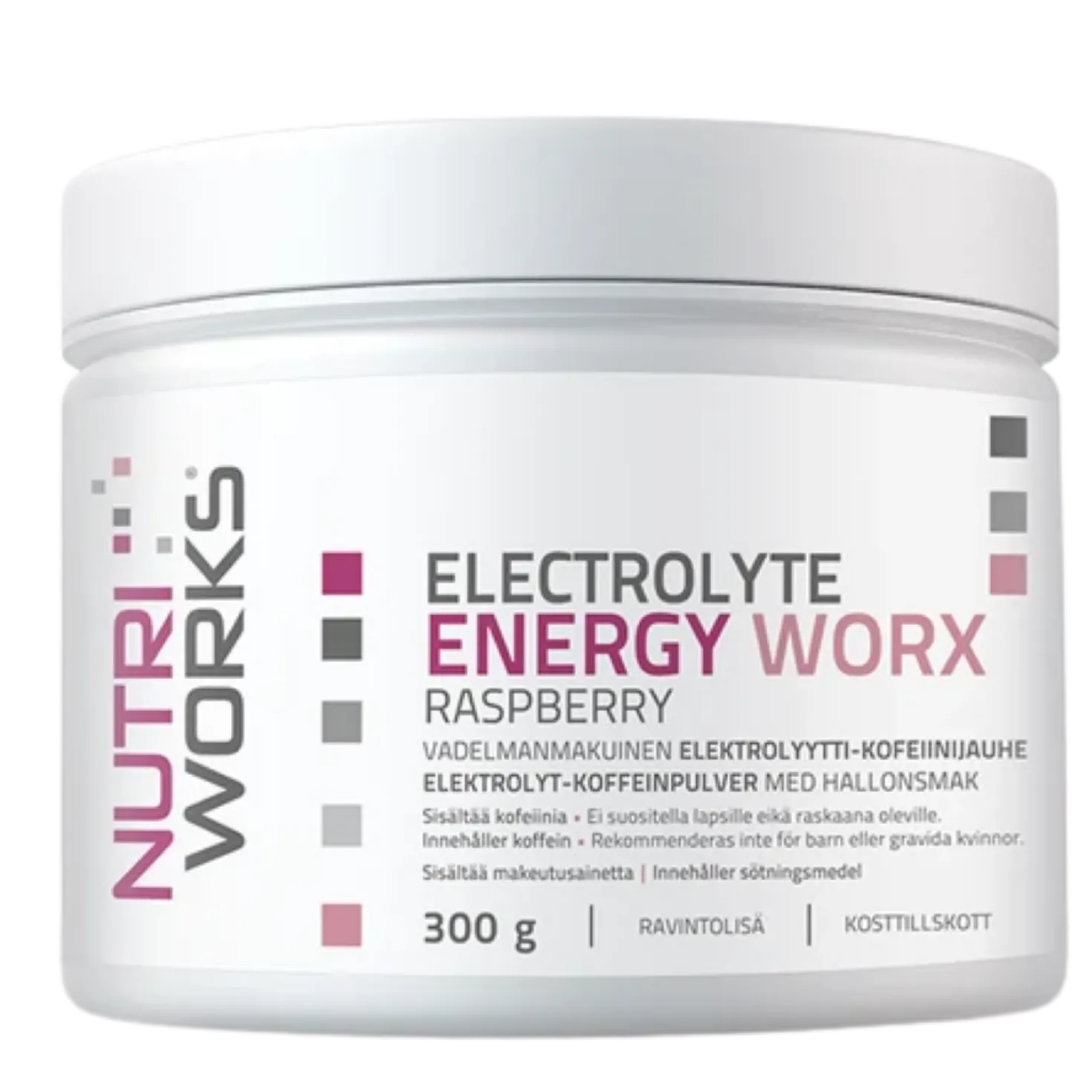 Nutri Works Electrolyte Energy Worx - Elektrolyytti-Kofeiinijauhe Vadelma 300 g