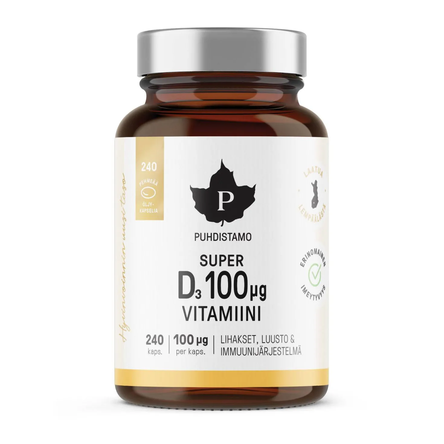 Puhdistamo Super D3-vitamiini 100 µg SÄÄSTÖPAKKAUS 240 kaps.