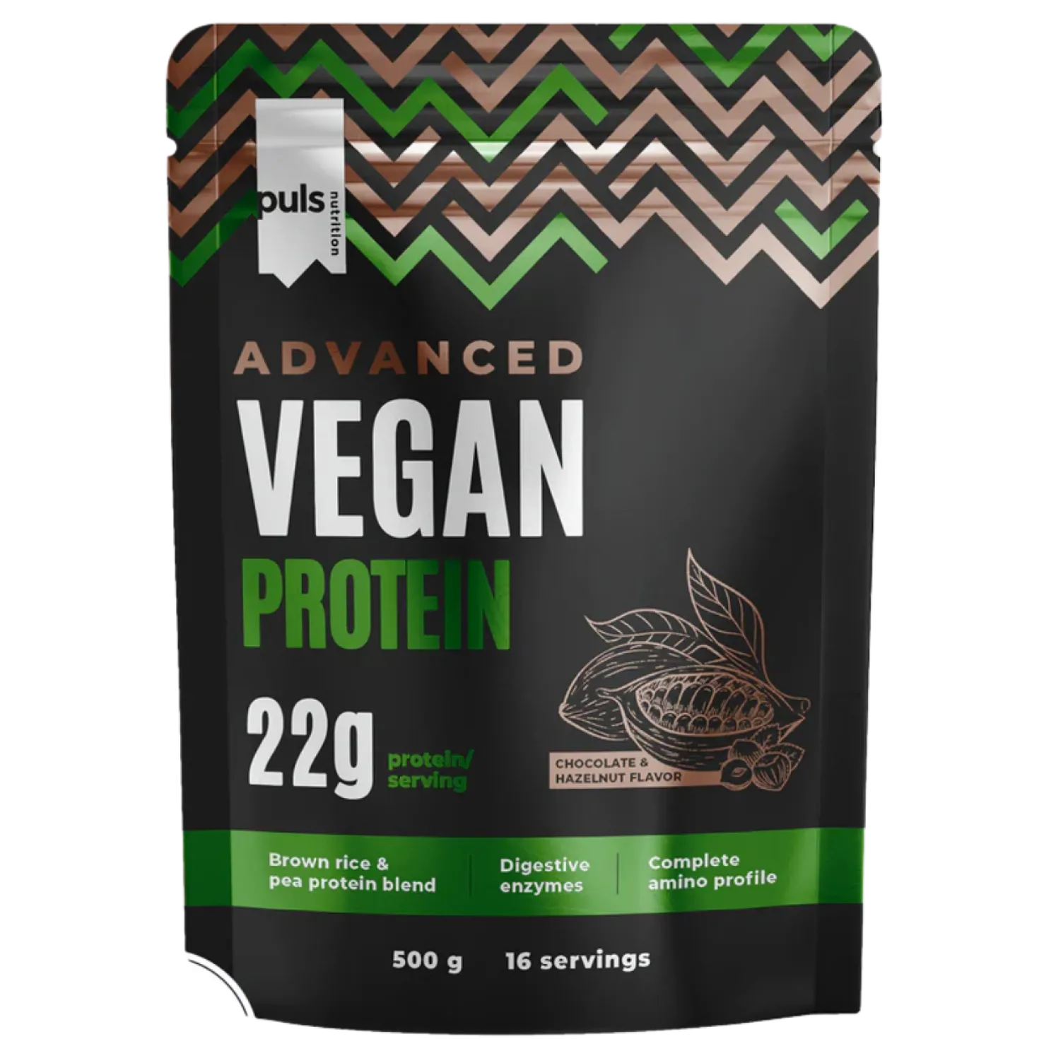 Puls Nutrition Advanced Vegan Protein - Kasviproteiinijauhe Suklaa & Hasselpähkinä 500 g