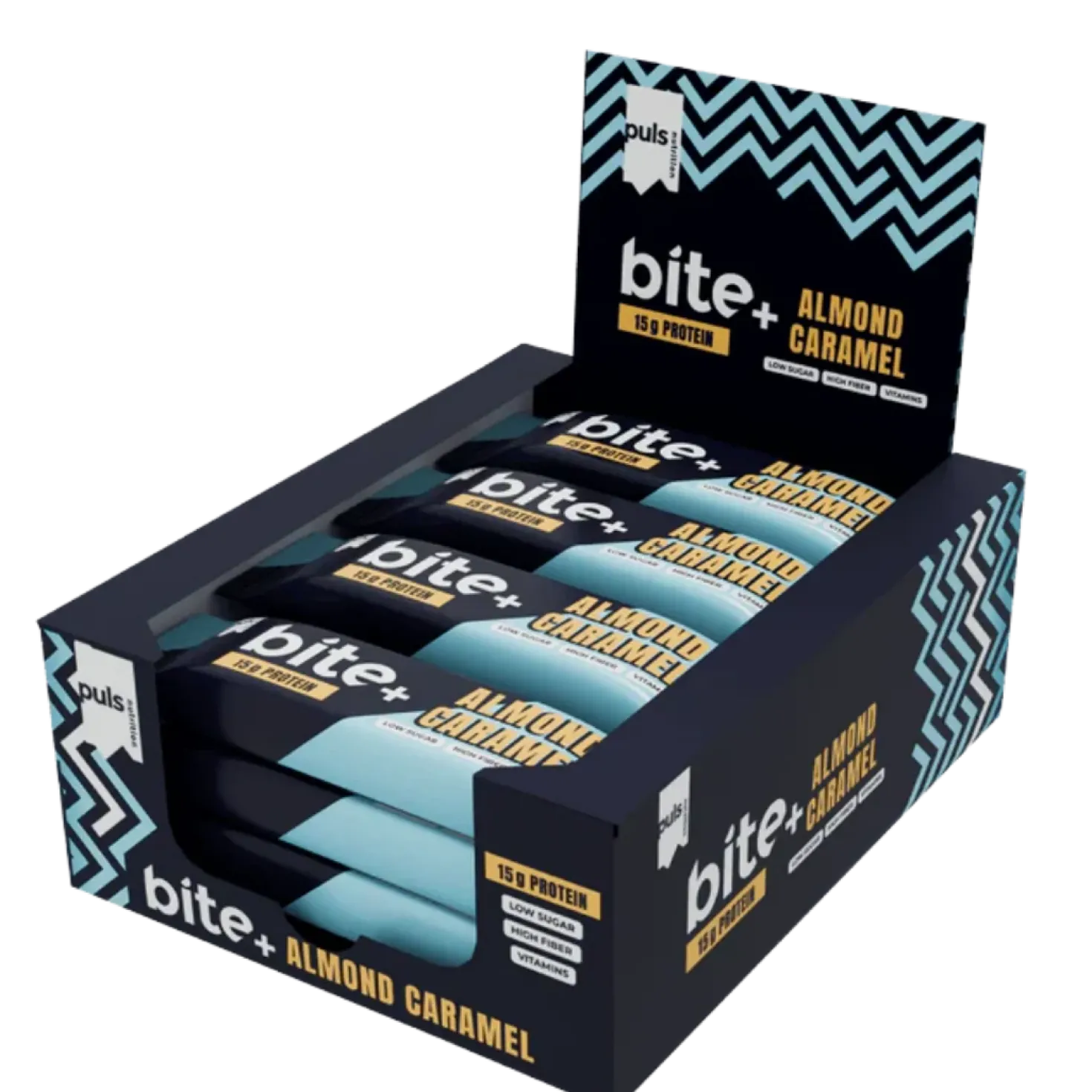 Puls Nutrition Bite+ Almond Caramel - Proteiinipatukka Manteli Karamelli 12 x 50 g TUKKUPAKKAUS - HUOM Päiväys 12/2026