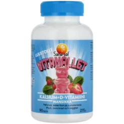 Sana-sol Vitanallet Kalsium + D-vitamiini Mansikan makuinen pureskeltava 90 kpl
