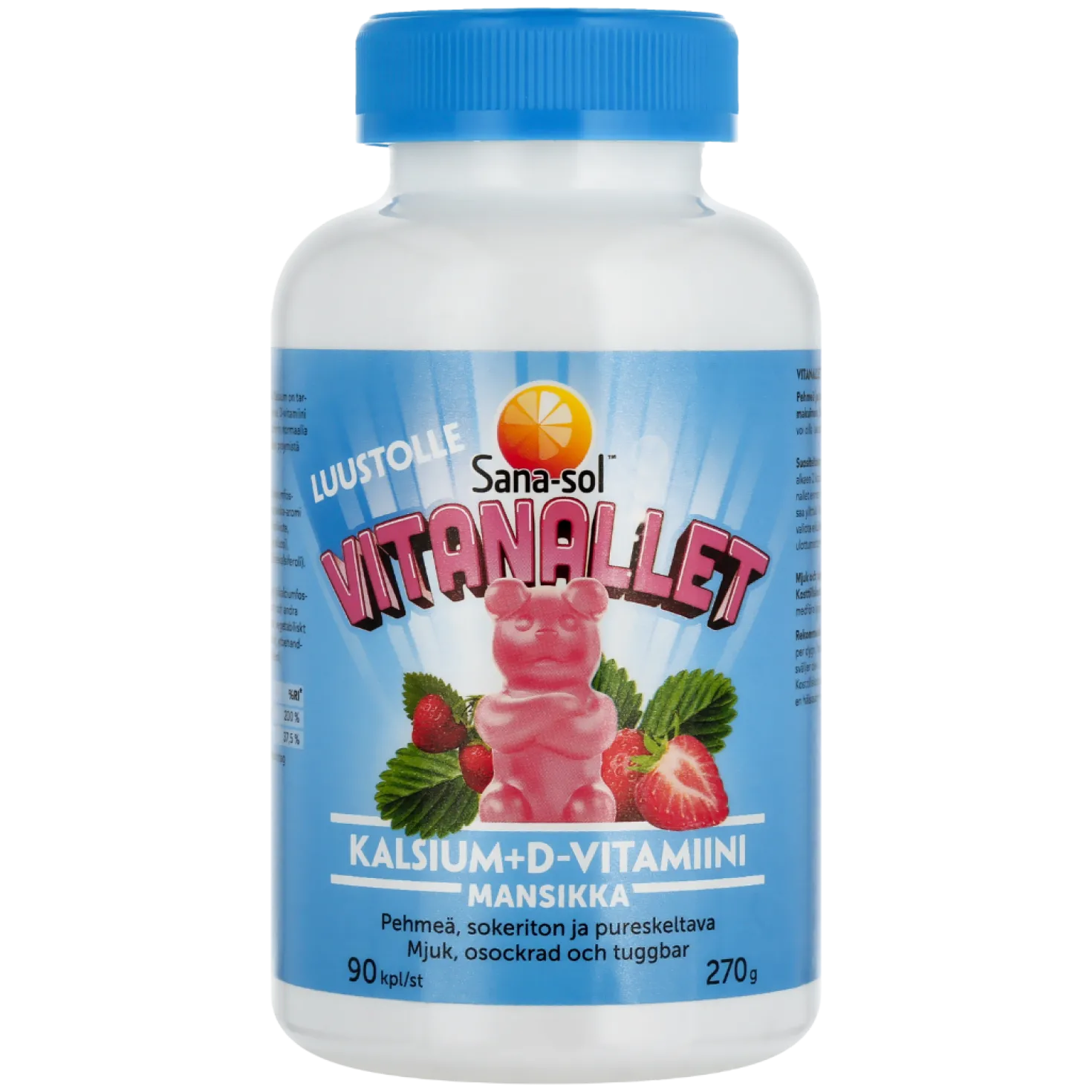 Sana-sol Vitanallet Kalsium + D-vitamiini Mansikan makuinen pureskeltava 90 kpl