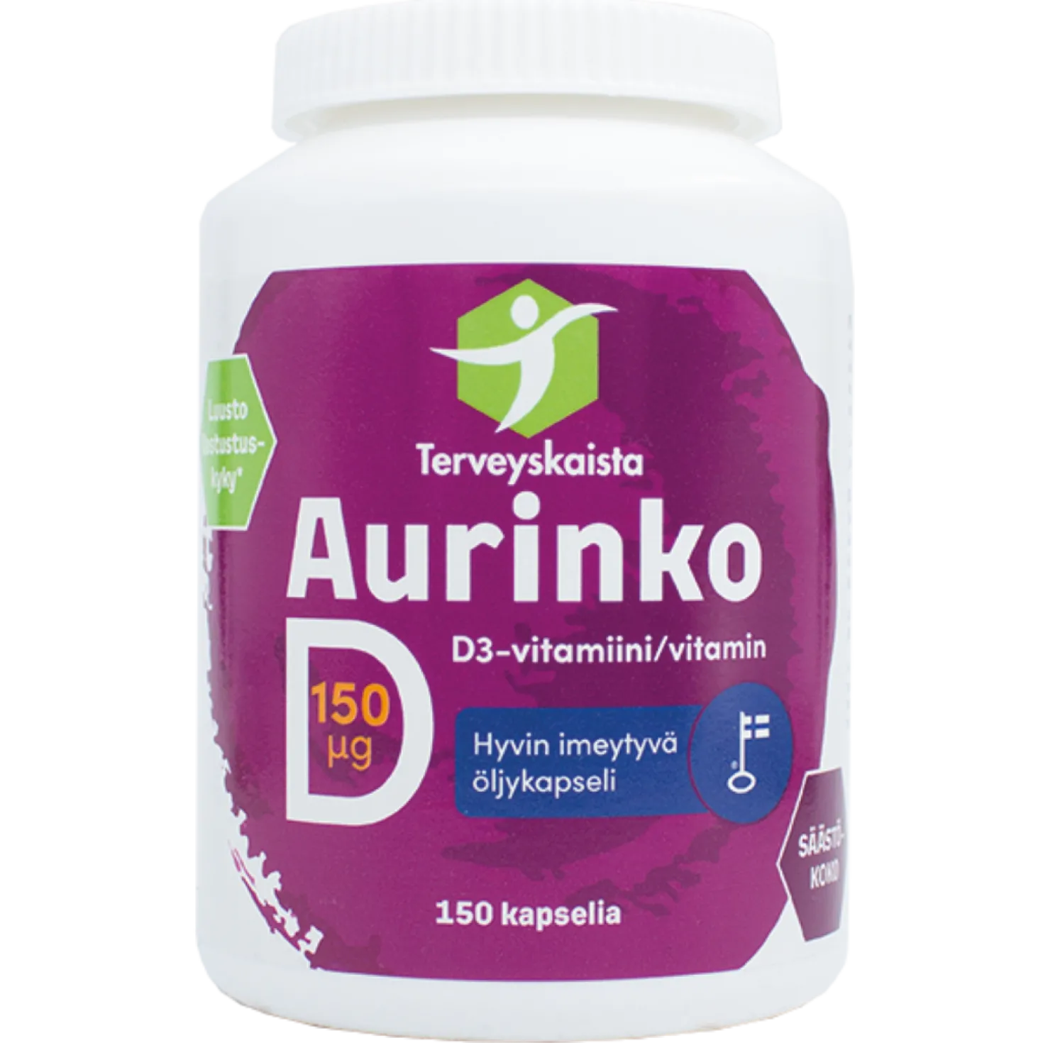 Terveyskaista Aurinko D3-vitamiini vahva 150 µg 150 kaps.
